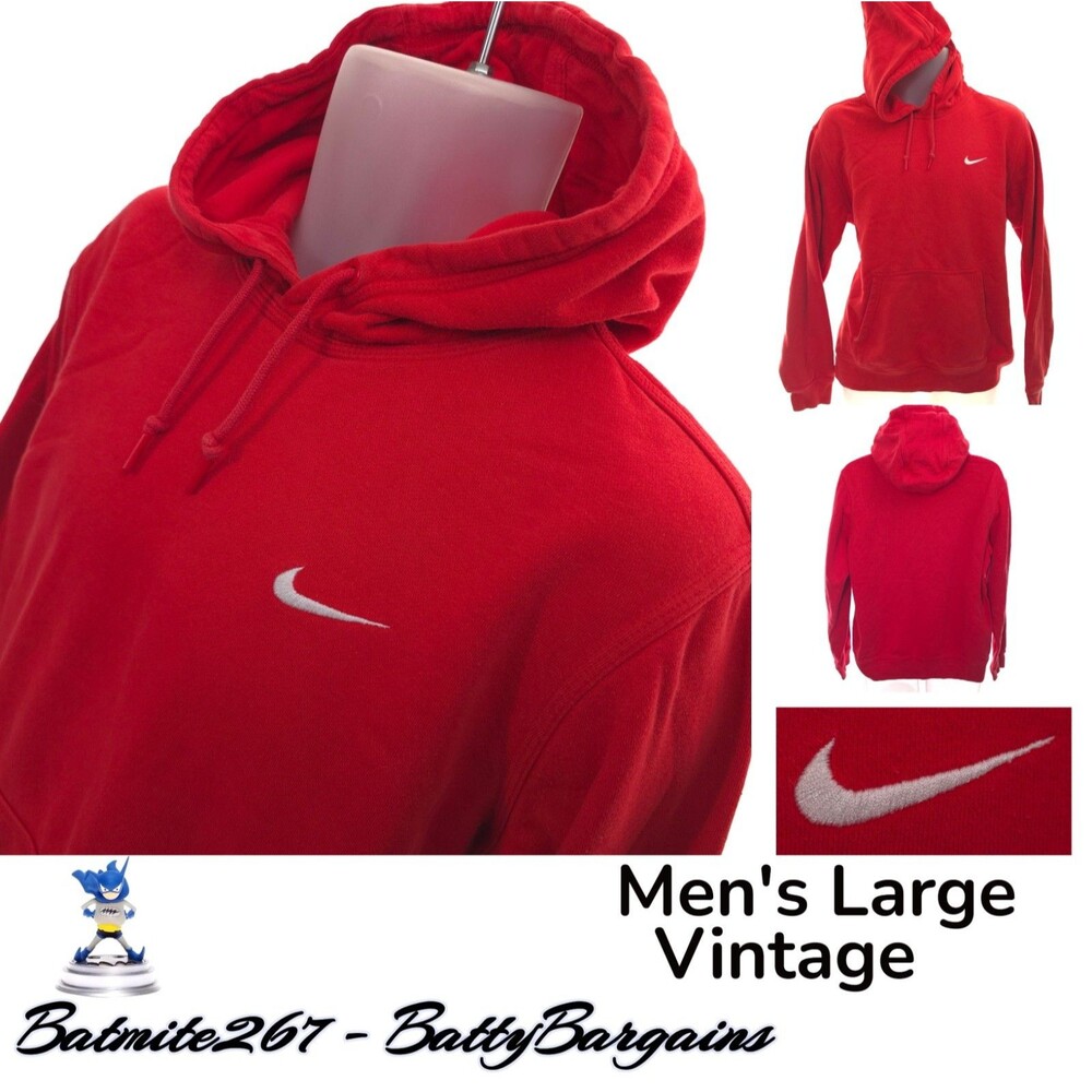 VTG Nike Hoodie Y2K Mens L Red Swoosh Sweatshirt Pullover Navy Tag Vintage